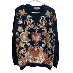 Crystal Kobe Vintage Sweater Womens Size L Navy Blue Floral Knit Top Grandmacore
